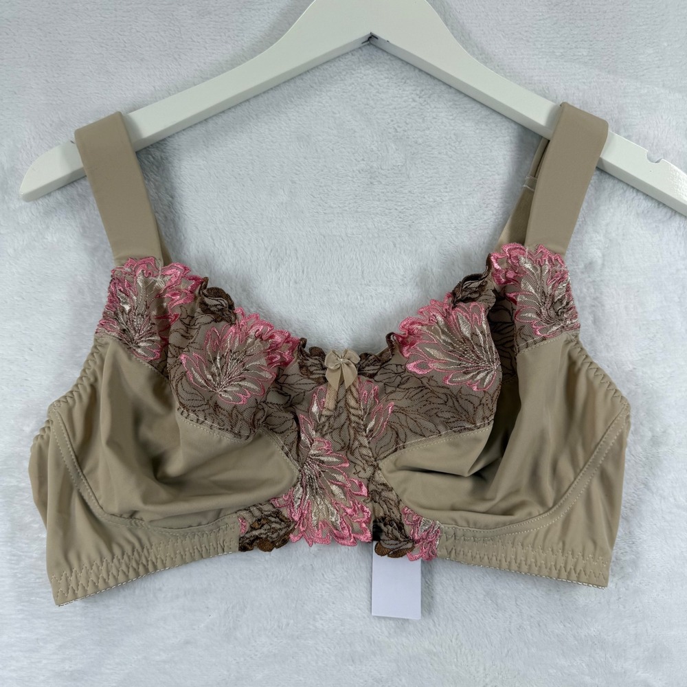 Curve Muse Womens 40D Full Coverage Underwire Bra Beige Pink Floral‎ Embroidery